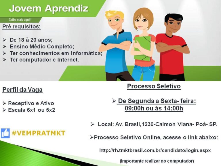 Empresa TMKT, de Poá, tem vagas de empregos home office e presenciais